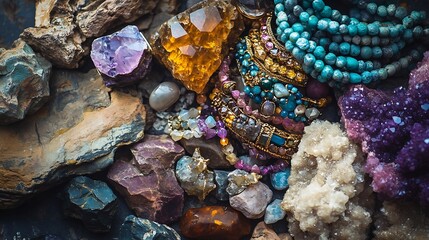 Aufkleber - Collection of various raw mineral gemstones with handmade bracelets : Generative AI