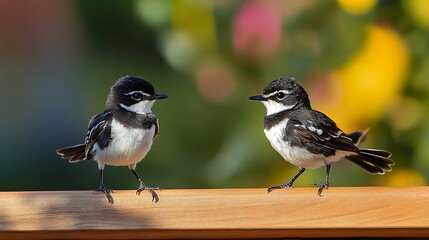 Two dapper chirpy little juvenile Australian willie wagtails in smart black and white plumage are perching on a wooden ledge waiting for the parent bird to feed them on a summer mornin : Generative AI