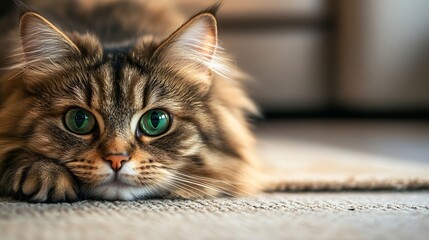 Poster - Portrait of a siberian cat with green eyes lying on the floor at home Fluffy purebred straighteared long hair kitty Copy space close up background Adorable domestic pet concept : Generative AI