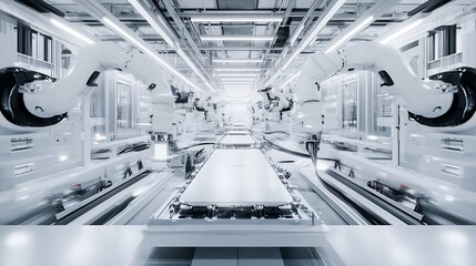 Poster - Front View Electric Car Battery Manufacturing Line Industrial Robot Arms Assemble LithiumIon EV Battery Pack Inside Automotive Smart Factory White Robotic Arms at Automated Production  : Generative AI