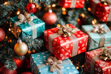 Vibrant pile of Christmas gifts adorned with ribbons conveying abundance and festive cheer