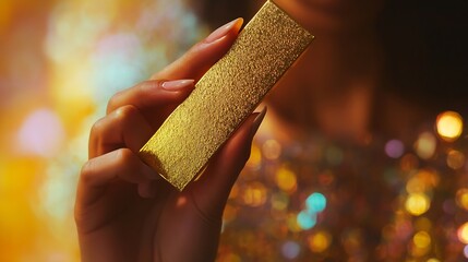 Poster - Woman holding shiny gold bar against sequin fabric closeup : Generative AI