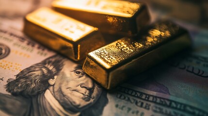 Poster - Gold bars on US dollar banknote money finance trading investment business currency concept : Generative AI