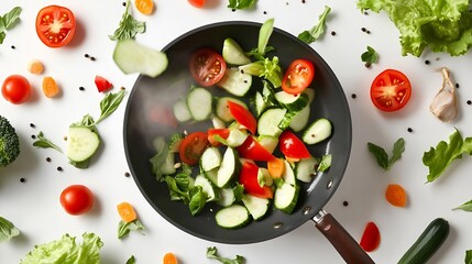 Sticker - Fresh vegetables fly in a pan on a white background Cooking with various chopped vegetables in a pan The concept of healthy eating and diet : Generative AI