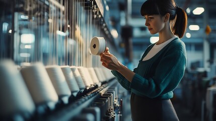 Aufkleber - Portrait of experienced worker in textile factory holding thread spool and standing by industrial knitting machine : Generative AI