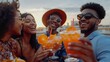 © The Little Hut - Company of four cheerful friends are enjoying tasty cocktails Roof party Interracial man and african women drink aperol with orange slices Multiethnic group of people have fun and laug : Generative AI