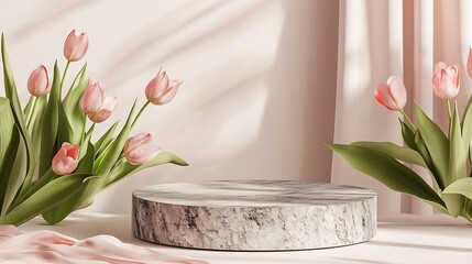 Aufkleber - 3D Natural stone podium and pink tulips flowers leaves soft Product presentation luxury mockup 3d render advertisement copy space mockup mother woman day event jewellery : Generative AI