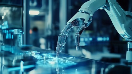 Leinwandbilder - Industry 40 Engineer use monitoring system software and record data of ai robotics automatic arms machine working on network in intelligent factory Ai Machine learning Digital manufact : Generative AI