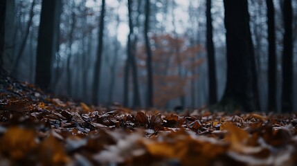 Poster - Moody autumn view in the forest Fall season background photo Brown fallen leaves on the ground : Generative AI