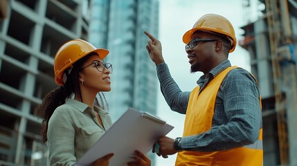Aufkleber - Engineering construction site and team outdoor for building project planning and architecture Black woman and men contractor together for development and safety assessment discussion i : Generative AI