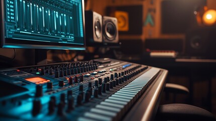 Aufkleber - Empty studio at home equipped with mixing soundboard panel and other musical instruments music industry recording Modern space with electronic controls and daw software on pc Camera A : Generative AI