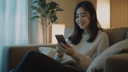 Smiling pretty young Asian woman sitting on cozy couch using funny mobile apps in living room Woman at Home Doing Online Shopping Messaging Friends Posting on Social Media : Generative AI