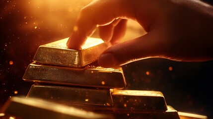 Poster - Financial wealth investment and trading conceptgold bars or gold ingot stacking with business hand : Generative AI