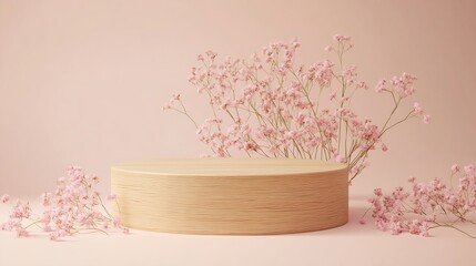 Poster - Empty round wooden podium for product presentation pink gypsophila flowers on beige background Natural materials background for cosmetic advertising with cylinder shape showcase Mockup : Generative AI