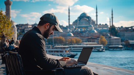 Aufkleber - Man laptop and digital nomad for agency on internet for travel adventure or location in Istanbul Male person employee and tech for home online and application as freelance writer for p : Generative AI