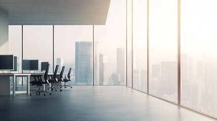 Aufkleber - a modern openplan office space filled with natural light from large windows that offer a view of the cityscape The office features a clean minimalistic design with  chairs and computer : Generative AI