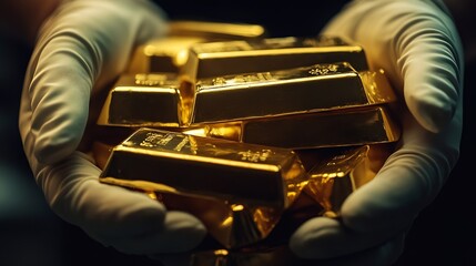 Poster - Gold bars in gloved hands close up Gold price investment and saving money concept : Generative AI