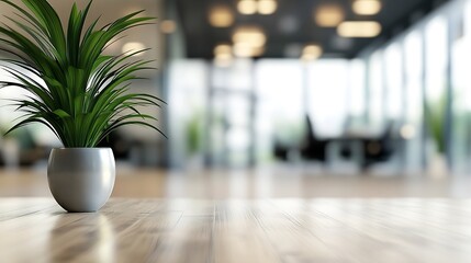 Poster - Light blur Minimalist Open Space Office background Blurred Modern contemporary office and meeting room interior design with panoramic glass windows and green plant inside and Wooden fl : Generative AI
