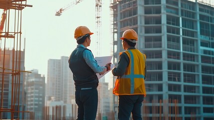 Poster - Civil engineer with personal safety equipment checking and consult with construction site foreman technician for inspect building construct process during follow up process Engineering : Generative AI