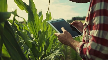 Fototapete - Farmer in corn field using digital tablet for smart farming : Generative AI