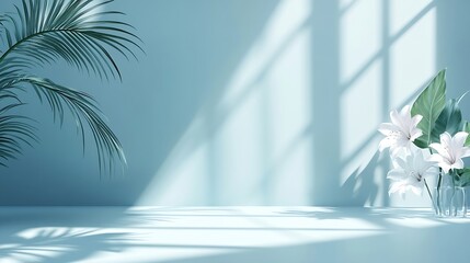 Abstract blue color gradient studio background for product presentation Empty room with shadows of window and flowers and palm leaves  3d room with copy space Summer concert Blurred ba : Generative AI