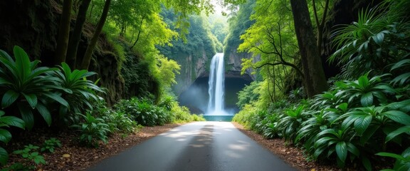 Canvas Print - Road to Waterfall in Lush Rainforest.