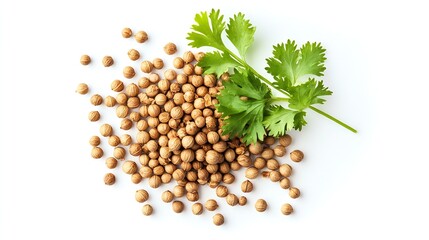 Poster - Dried coriander seeds with fresh green leaf isolated on white background Top view Flat lay : Generative AI