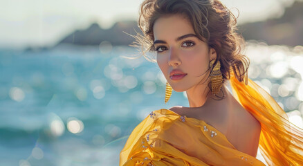 Wall Mural - A fashion model in a yellow silk dress and golden earrings, posing on the beach in a close-up shot on a sunny day with a blue sky and sea background.