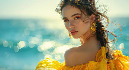 Wall Mural - A fashion model in a yellow silk dress and golden earrings, posing on the beach in a close-up shot on a sunny day with a blue sky and sea background.