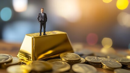Poster - Business man on gold bar and gold coin money on wooder backgroundBusiness investment and Saving money for prepare in future concept : Generative AI