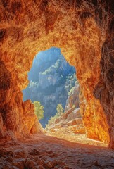 Wall Mural - The entrance of a large cave with sunlight streaming in, highlighting the textures of the rock walls and the ground inside