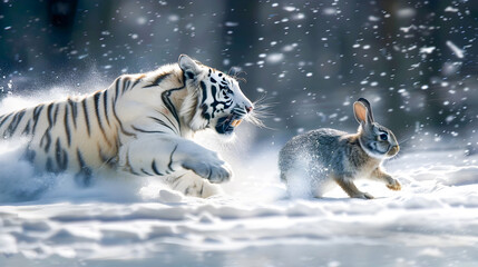 Wall Mural - fierce white tiger aggressively chasing a speeding wild rabbit through a snowy forest landscape
