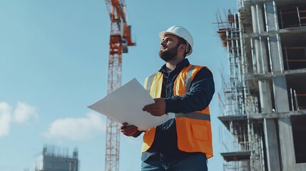 builder architect engineer foreman worker with hard hat and safety vest on major construction site with crane in background checking plan : Generative AI