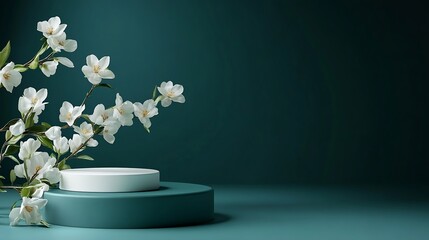 Aufkleber - Podium stand showcase and gentle white flowers on dark teal background Concept scene stage showcase product Mock up Trendy color 2023 : Generative AI