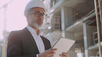 Fototapete - senior businessman architect wearing a protective helmet using a tablet and a blueprint on the construction site : Generative AI
