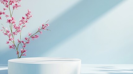 Poster - Abstract empty white podium with geometric shadows and pink flowers on blue background Mock up stand for product presentation 3D Render Minimal concept Advertising template : Generative AI
