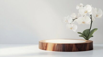 Poster - Minimal modern product display on white background Wood slice podium and white orchid  flowers Concept scene stage showcase for new product promotion sale banner presentation cosmetic : Generative AI
