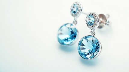 Poster - Earrings with round shaped light blue crystals and diamonds isolated on white background Fashionable jewelry : Generative AI