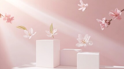 Poster - Bright spring mock up for cosmetic and product display with three white square podiums stream of tender flowers flying in sun beam on pastel pink background : Generative AI