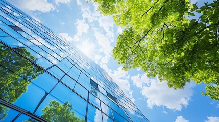 Wall Mural - Sustainable glass office building with trees for reducing carbon dioxide Ecofriendly building in modern city Office with green environment Corporate building reduce CO2 : Generative AI