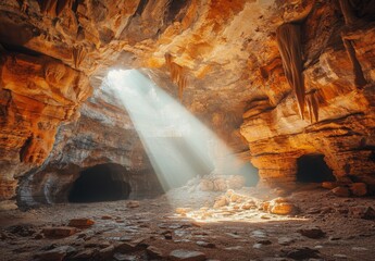 Wall Mural - The entrance of a large cave with sunlight streaming in, highlighting the textures of the rock walls and the ground inside