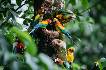 Sticker - Colorful parrots perched on a tree trunk, surrounded by lush green foliage.