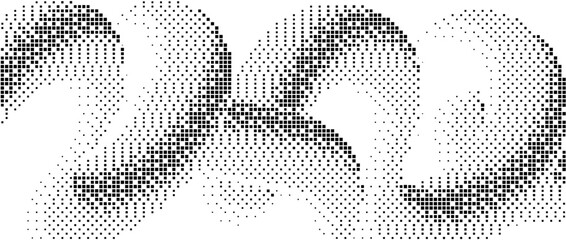 Poster - Pixelated gradient undulate shape. Black dither texture background. Dotted fluid curvy form for banner, poster, leaflet. Abstract rasterized squiggle overlay wallpaper. Vector comic backdrop
