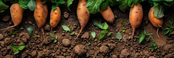 Sticker - Sweet potato tubers and green leaves scattered on the earth