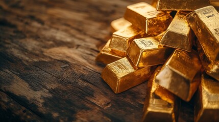 Poster - National gold reserve financial stability and commodity trading concept with many pure gold bars in raw form on wooden background : Generative AI
