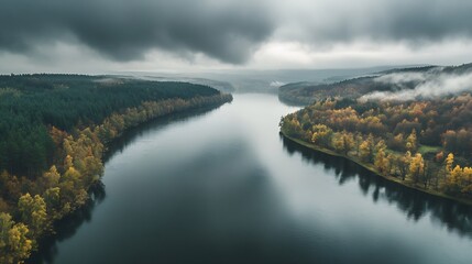 Aerial moody autumn river panorama with forest on riverbanks and clouds in Ukraine : Generative AI