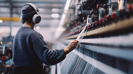 Aufkleber - Textile industry Factory worker with earmuffs standing by large industrial knitting machine and checking threads : Generative AI