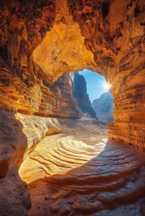 Wall Mural - The entrance of a large cave with sunlight streaming in, highlighting the textures of the rock walls and the ground inside