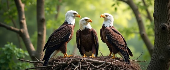 Sticker - Three Bald Eagles Perched in a Nest.