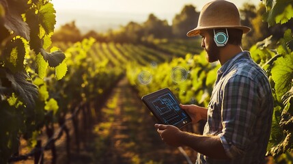 Fototapete - Farmer using smart farming technologies in a vineyard : Generative AI